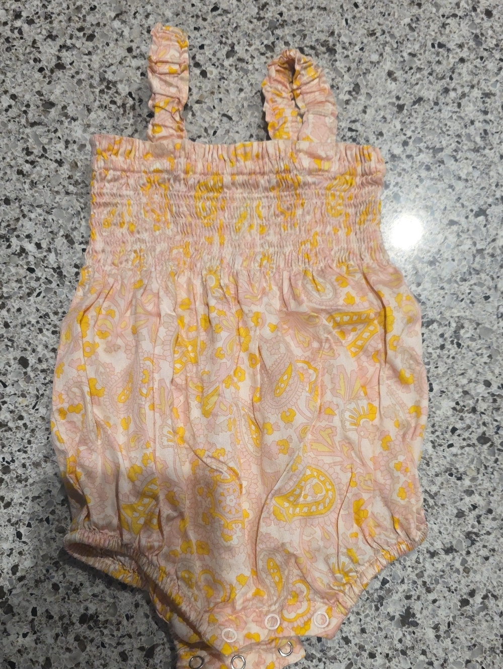 Amazon Essentials Pink and Yellow Paisley Smocked Baby Romper